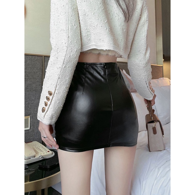 Jiashucheng Chân Váy Da pu Lưng Thấp Ôm Dáng Thiết Kế Không Đều Quyến Rũ Cho Nữ Sinh