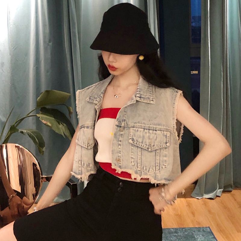 Jiashucheng Áo Khoác Denim Ngắn Không Tay Thời Trang Mùa Hè Châu Âu Cho Nữ
