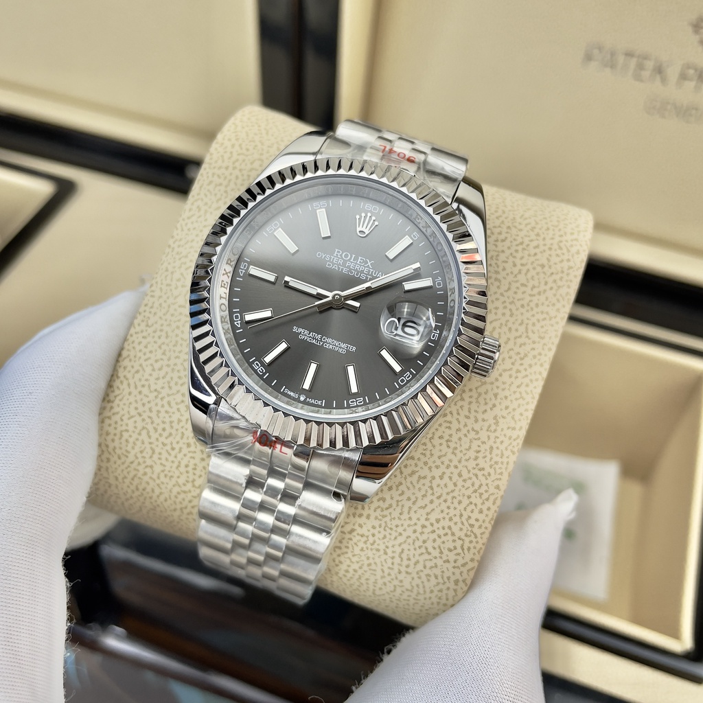 Đồng hồ Nam Rolexs số gạch kim dạ quang mặt xám vỏ trắng máy nhật dòng cơ Automatic 41mm dây kim loại