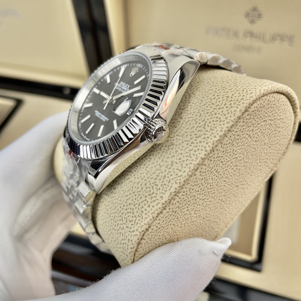 Đồng hồ Nam Rolexs số gạch kim dạ quang mặt xám vỏ trắng máy nhật dòng cơ Automatic 41mm dây kim loại