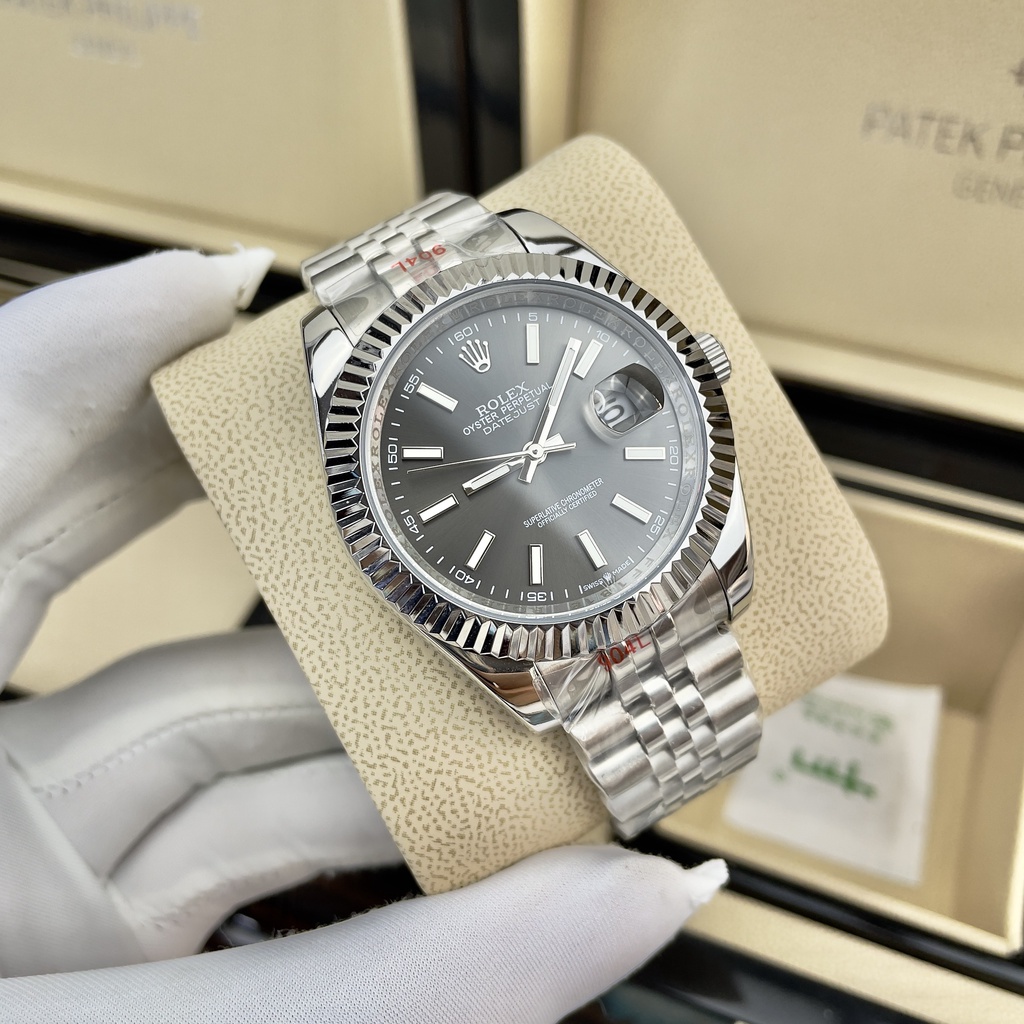 Đồng hồ Nam Rolexs số gạch kim dạ quang mặt xám vỏ trắng máy nhật dòng cơ Automatic 41mm dây kim loại