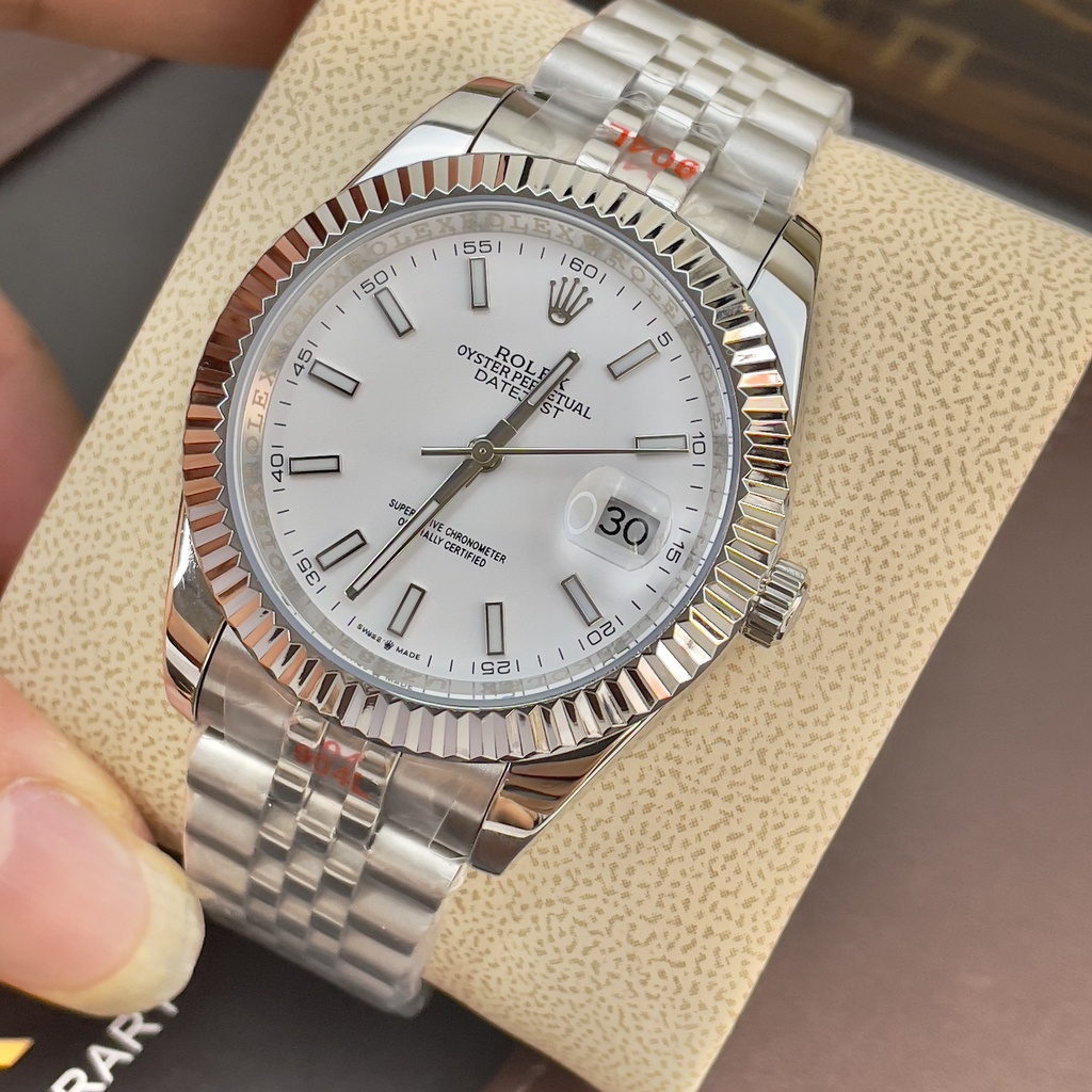 Đồng hồ Nam Rolexs số gạch kim dạ quang mặt trắngvỏ trắng máy nhật dòng cơ Automatic 41mm dây kim loại