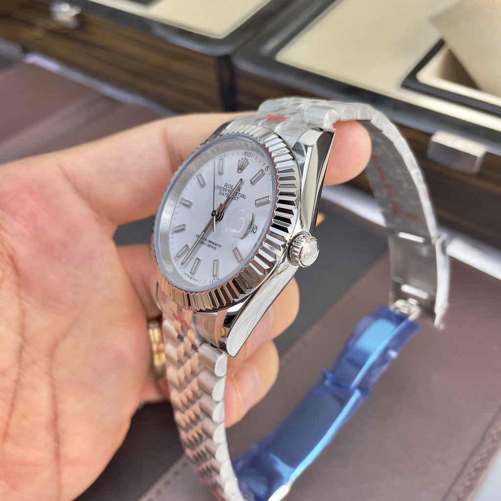 Đồng hồ Nam Rolexs số gạch kim dạ quang mặt trắngvỏ trắng máy nhật dòng cơ Automatic 41mm dây kim loại