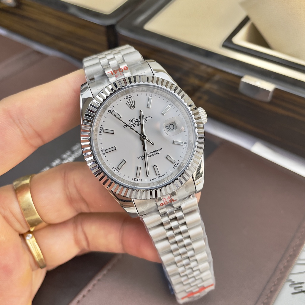 Đồng hồ Nam Rolexs số gạch kim dạ quang mặt trắngvỏ trắng máy nhật dòng cơ Automatic 41mm dây kim loại