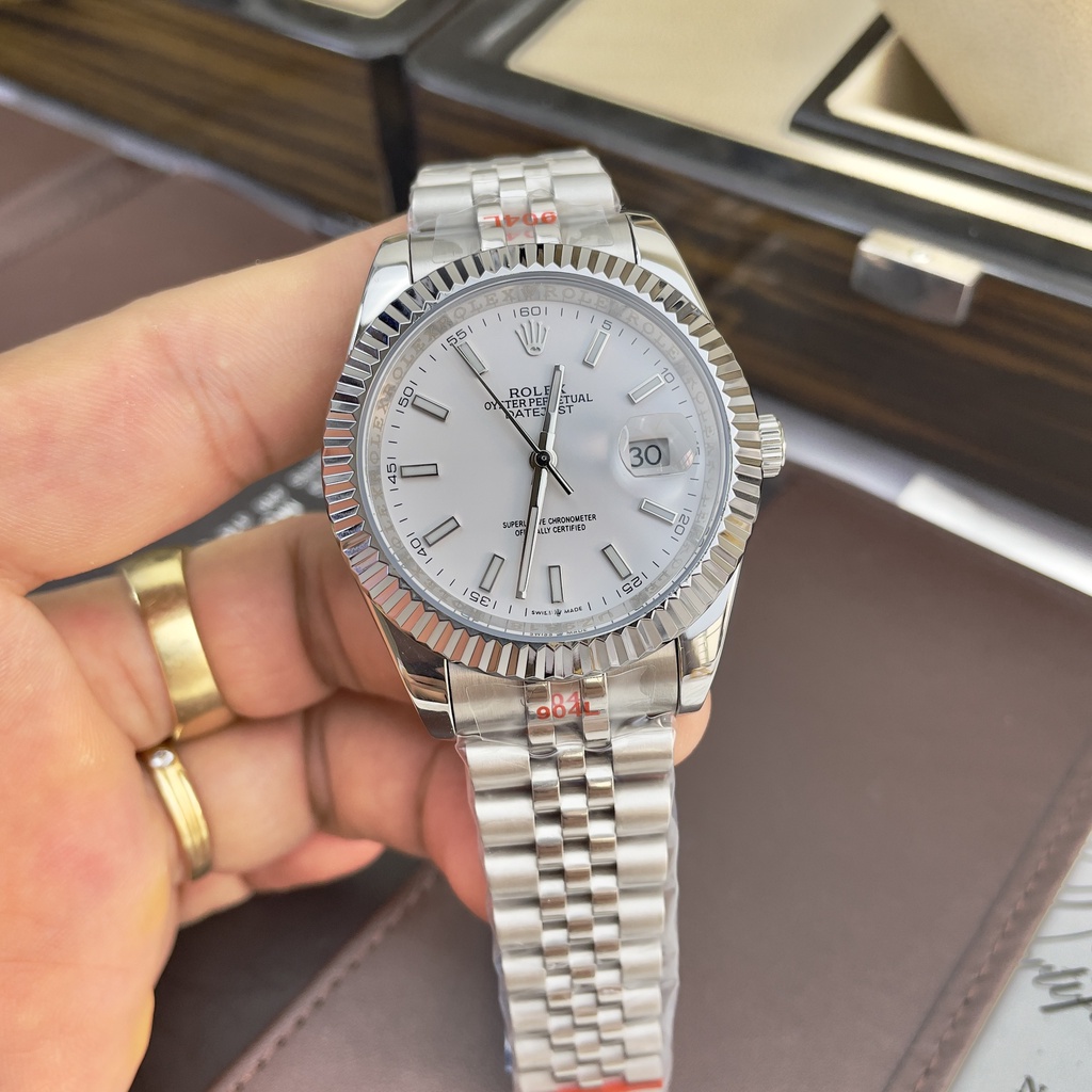 Đồng hồ Nam Rolexs số gạch kim dạ quang mặt trắngvỏ trắng máy nhật dòng cơ Automatic 41mm dây kim loại