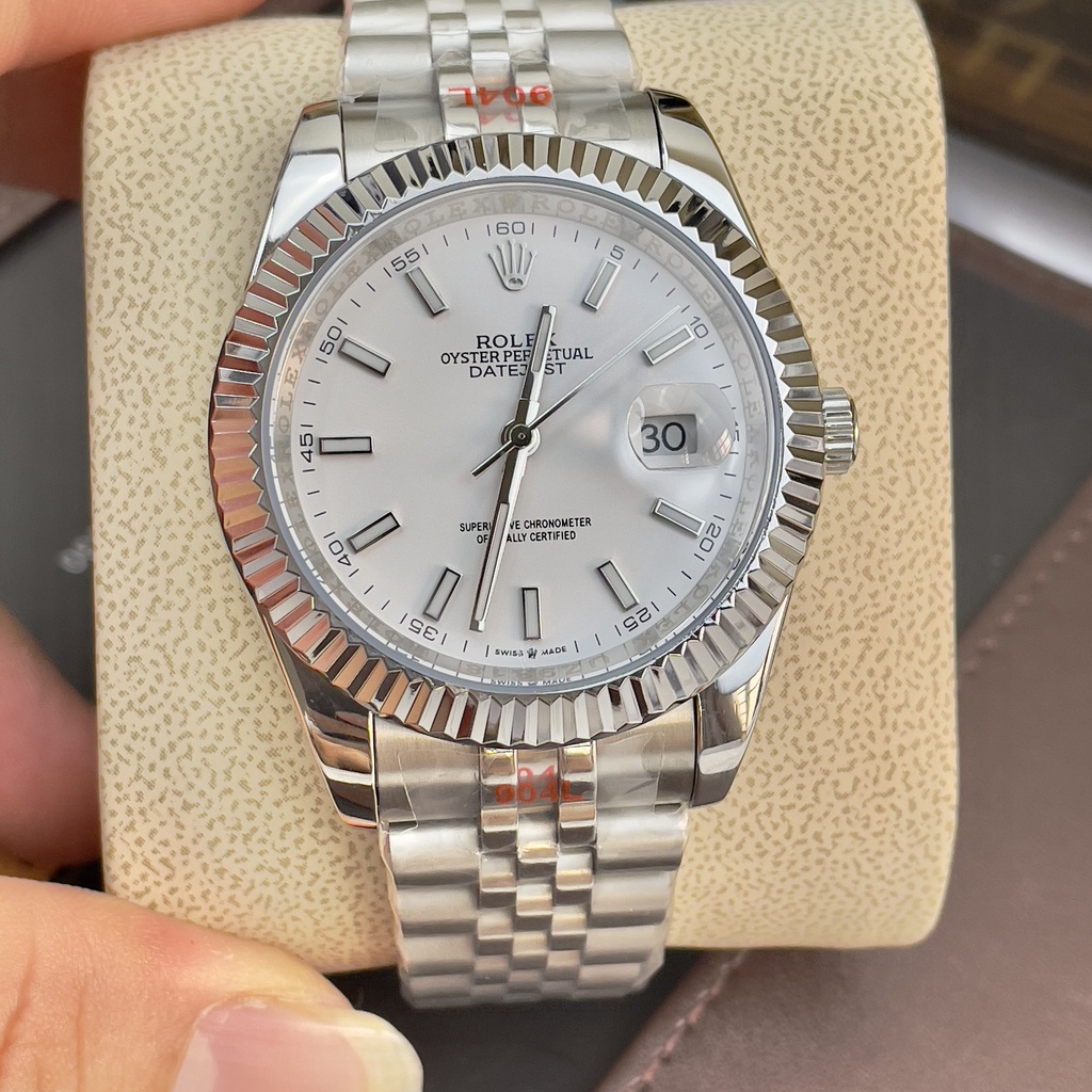 Đồng hồ Nam Rolexs số gạch kim dạ quang mặt trắngvỏ trắng máy nhật dòng cơ Automatic 41mm dây kim loại