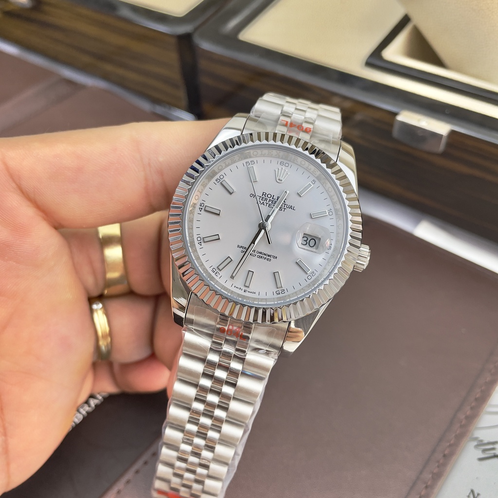 Đồng hồ Nam Rolexs số gạch kim dạ quang mặt trắngvỏ trắng máy nhật dòng cơ Automatic 41mm dây kim loại