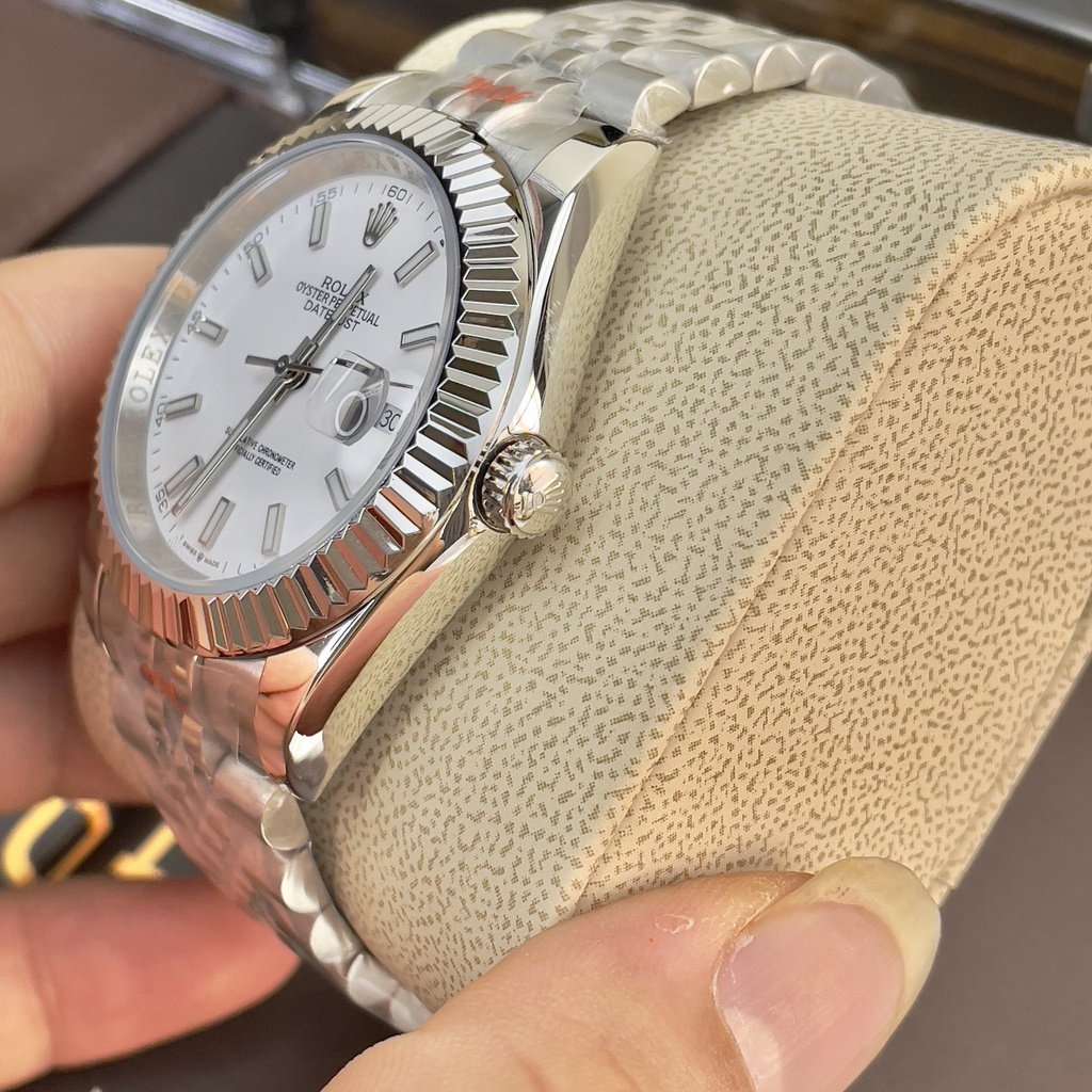 Đồng hồ Nam Rolexs số gạch kim dạ quang mặt trắngvỏ trắng máy nhật dòng cơ Automatic 41mm dây kim loại