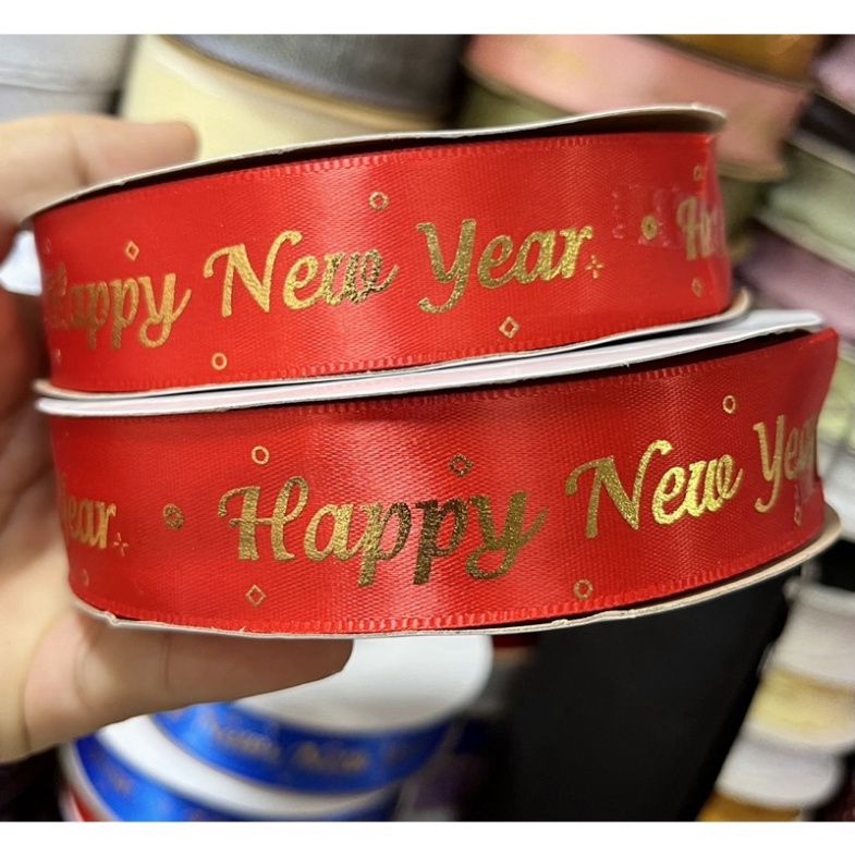 Cuộn duy băng chữ chúc mừng năm mới,noel  dài 50m ,rộng 2,5cm,trang trí giỏ quà Tết