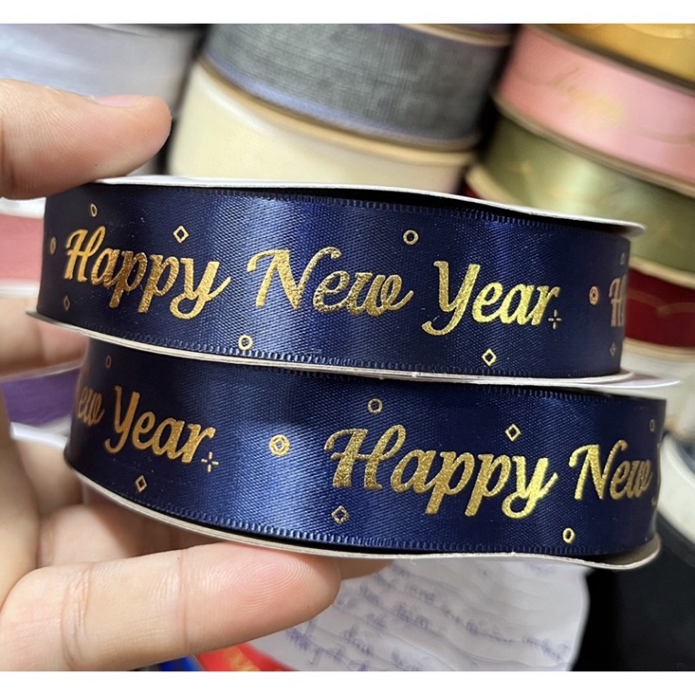 Cuộn duy băng chữ chúc mừng năm mới,noel  dài 50m ,rộng 2,5cm,trang trí giỏ quà Tết