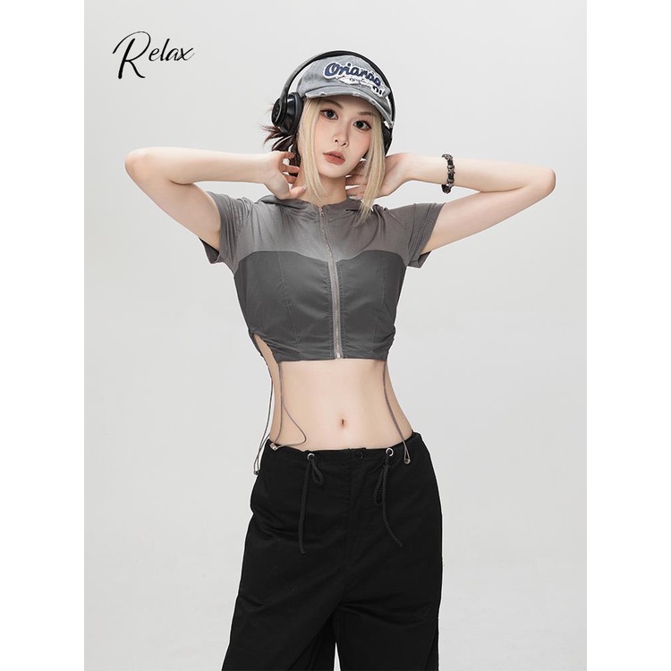 Áo Croptop Ngắn Tay Màu Xám Có Mũ Trùm Phong Cách Mỹ Thời Trang Mùa Hè Cho Nữ