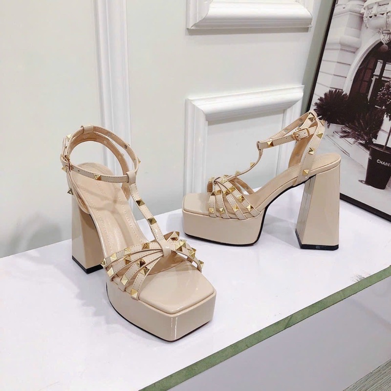 Sandal cao gót vuông 12 phân đế đúp quai đinh thời trang siêu đẹp