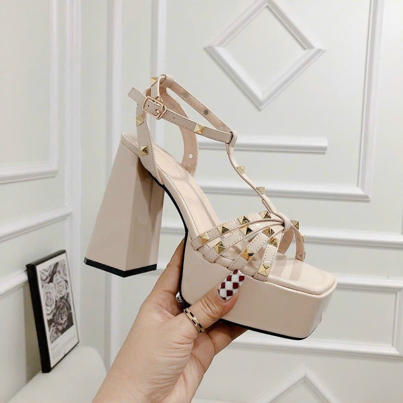 Sandal cao gót vuông 12 phân đế đúp quai đinh thời trang siêu đẹp