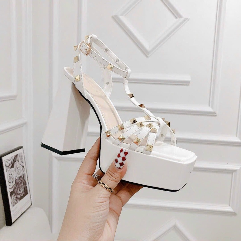 Sandal cao gót vuông 12 phân đế đúp quai đinh thời trang siêu đẹp