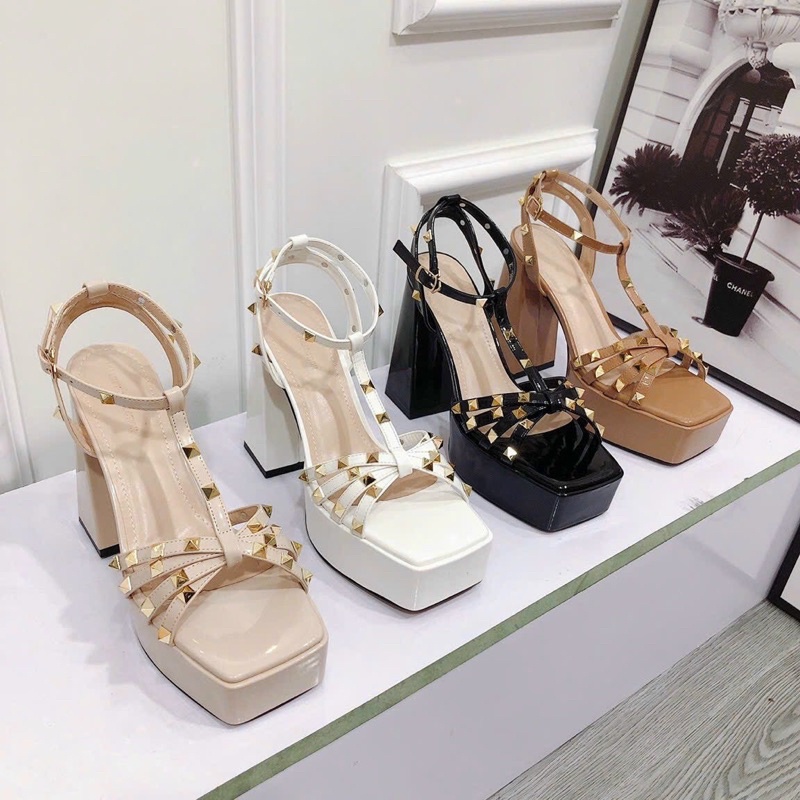 Sandal cao gót vuông 12 phân đế đúp quai đinh thời trang siêu đẹp