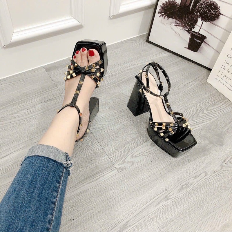 Sandal cao gót vuông 12 phân đế đúp quai đinh thời trang siêu đẹp