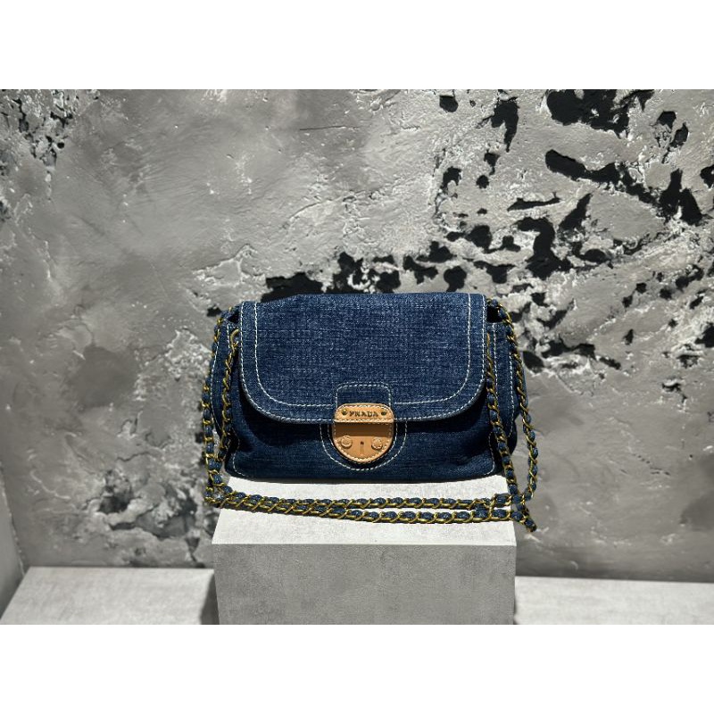 Túi xách nữ Pra.da Vintage chất vải denim sz30cm lót da bò lộn cực đẹp