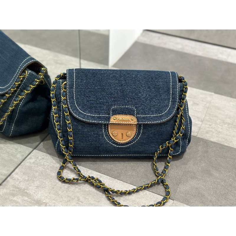 Túi xách nữ Pra.da Vintage chất vải denim sz30cm lót da bò lộn cực đẹp