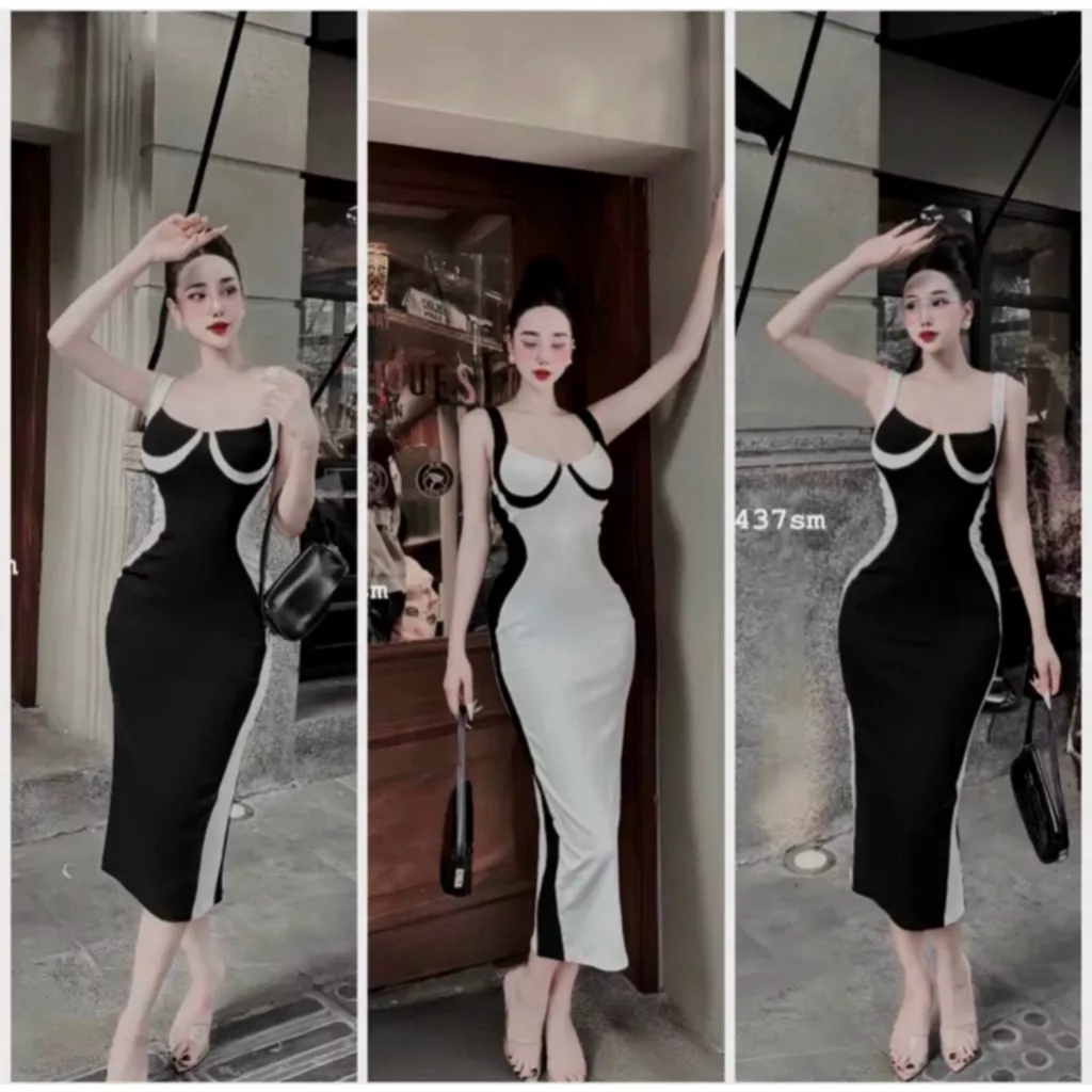Đầm body hai dây bảng to phối viền trắng đen siêu tôn dáng chất thun gân