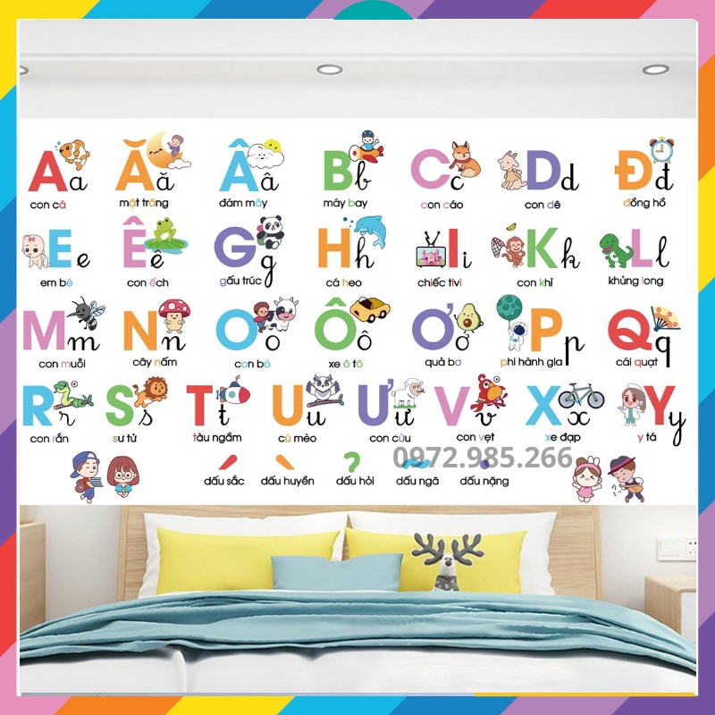 Tranh decal, decal dán tường bảng chữ cái tiếng Việt cho bé kèm họa tiết sinh động