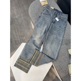 Qj05 quần jean ống đứng phối hoạ tiết thổ cẩm qc