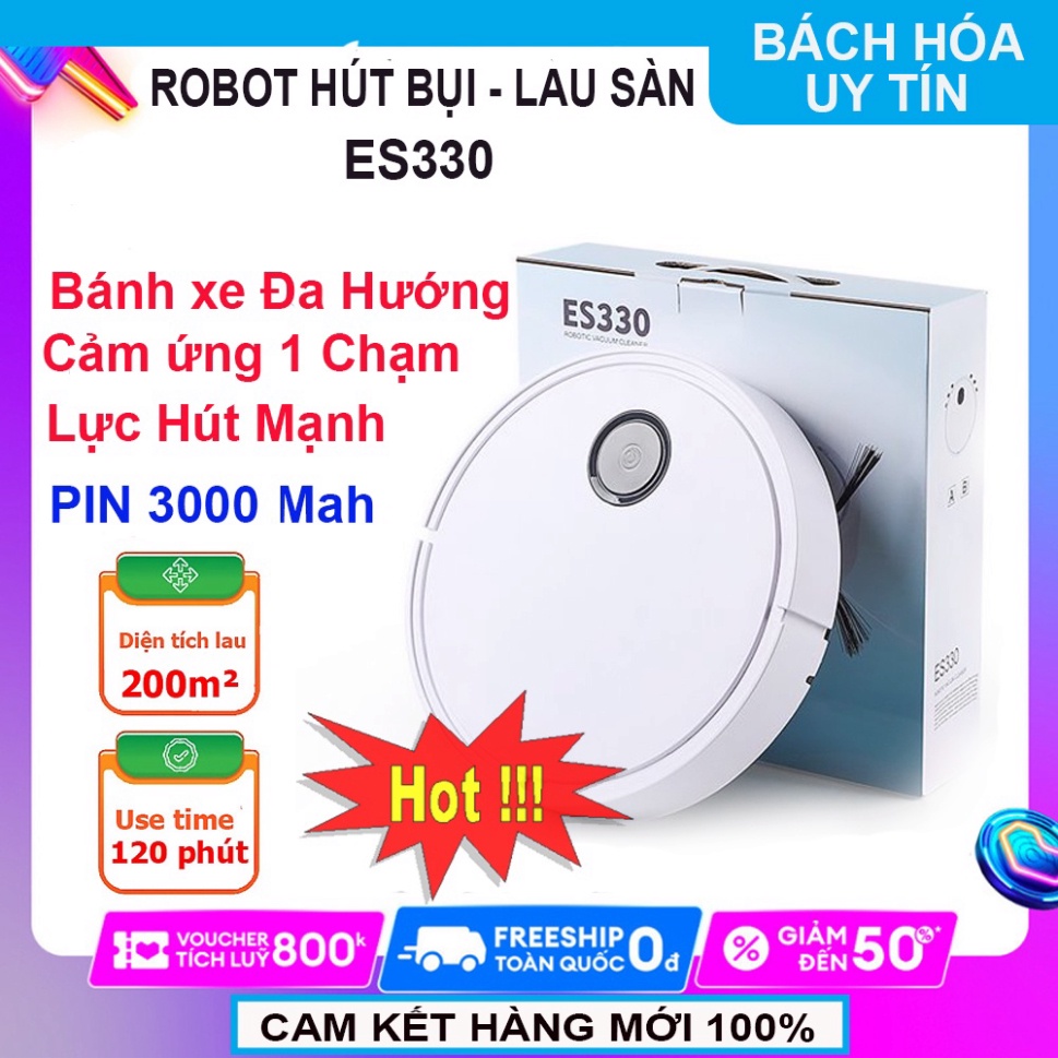 Robot Hút Bụi, Máy Lau Nhà ES330 - Quét Hút Sạch Bụi Bẩn, Hỗ Trợ Lau Nhà, Pin 90P, Vận Hành Êm Ái. Bảo Hành 12 T