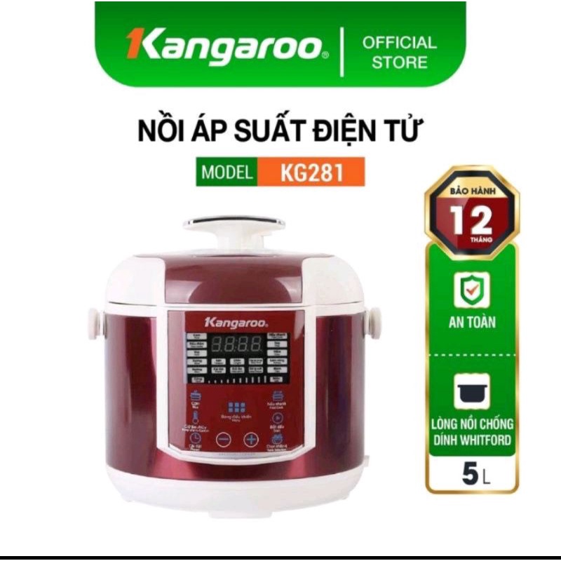 Nồi áp suất điện Kangaroo KG281, 5L, Đỏ đô, Kích thước 348x348x318mm