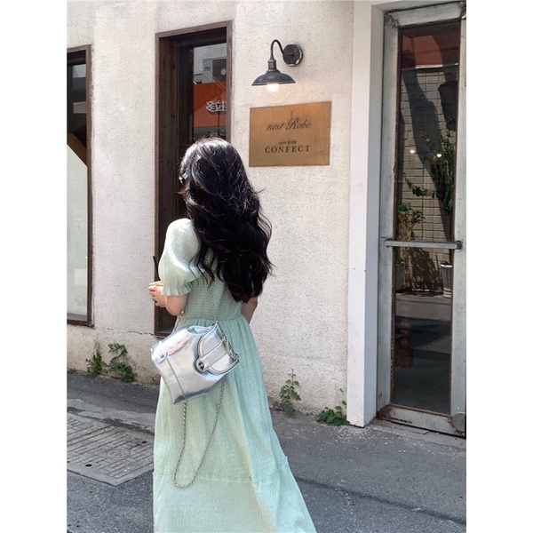 Váy dáng dài, đầm maxi cổ vuông, màu xanh mint, tay bồng, phong cách thanh lịch, tiểu thư, nhẹ nhàng 2023