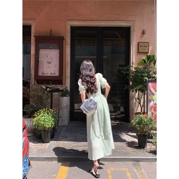 Váy dáng dài, đầm maxi cổ vuông, màu xanh mint, tay bồng, phong cách thanh lịch, tiểu thư, nhẹ nhàng 2023