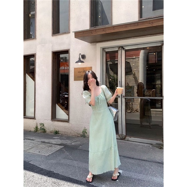 Váy dáng dài, đầm maxi cổ vuông, màu xanh mint, tay bồng, phong cách thanh lịch, tiểu thư, nhẹ nhàng 2023