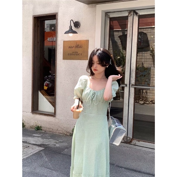 Váy dáng dài, đầm maxi cổ vuông, màu xanh mint, tay bồng, phong cách thanh lịch, tiểu thư, nhẹ nhàng 2023