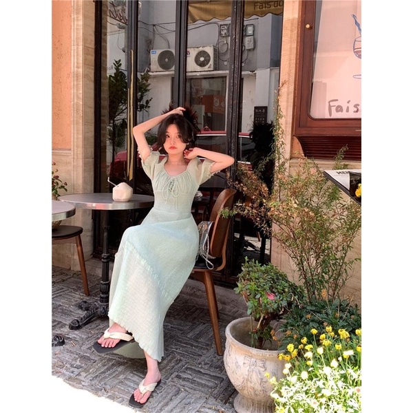 Váy dáng dài, đầm maxi cổ vuông, màu xanh mint, tay bồng, phong cách thanh lịch, tiểu thư, nhẹ nhàng 2023