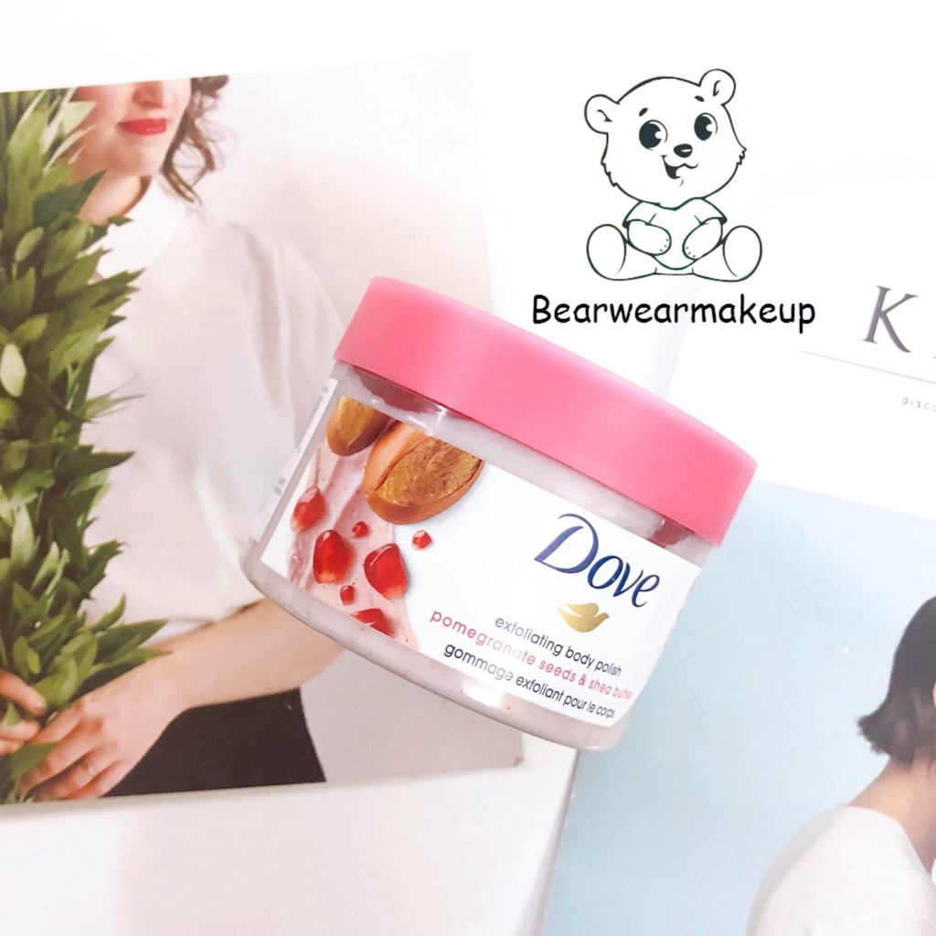 Kem Dove giúp tẩy tế bào chết chăm sóc da chiết xuất bơ hạt mỡ và hạt lựu 225g