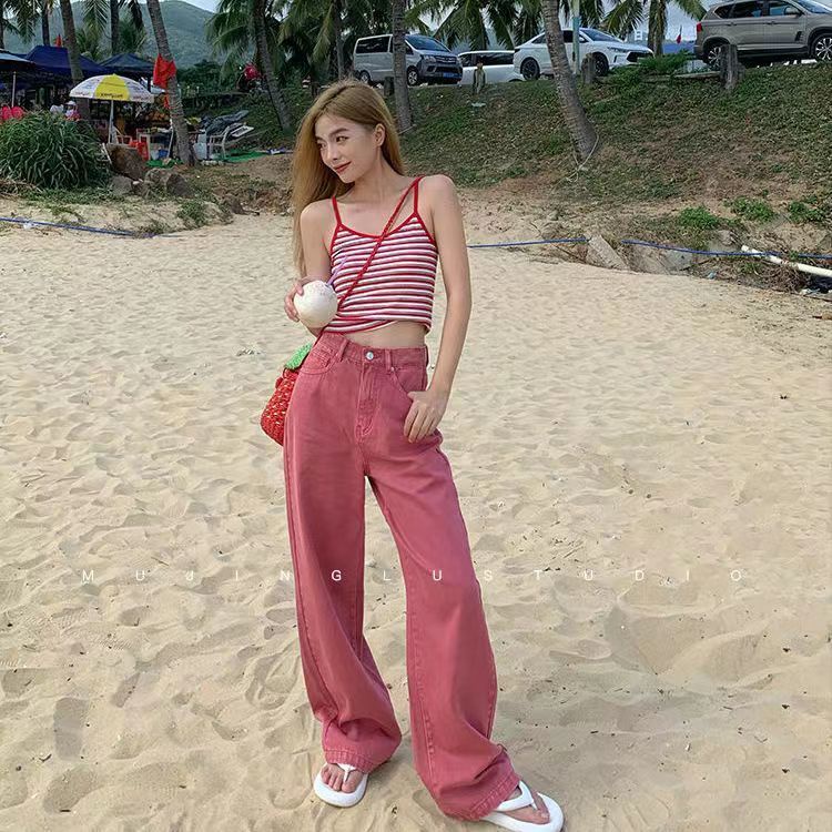 Jiashucheng Quần Jean Dài Ống Rộng Lưng Cao Cài Nút Màu Hồng Phong Cách Nhật Bản Thời Trang Mùa Hè Mới Cho Nữ