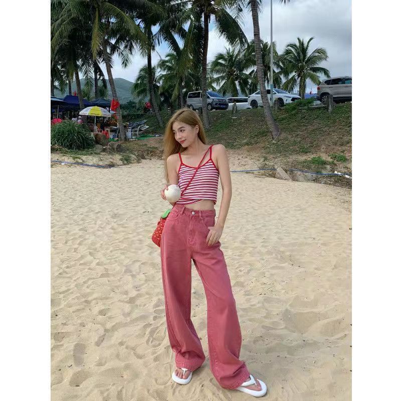 Jiashucheng Quần Jean Dài Ống Rộng Lưng Cao Cài Nút Màu Hồng Phong Cách Nhật Bản Thời Trang Mùa Hè Mới Cho Nữ