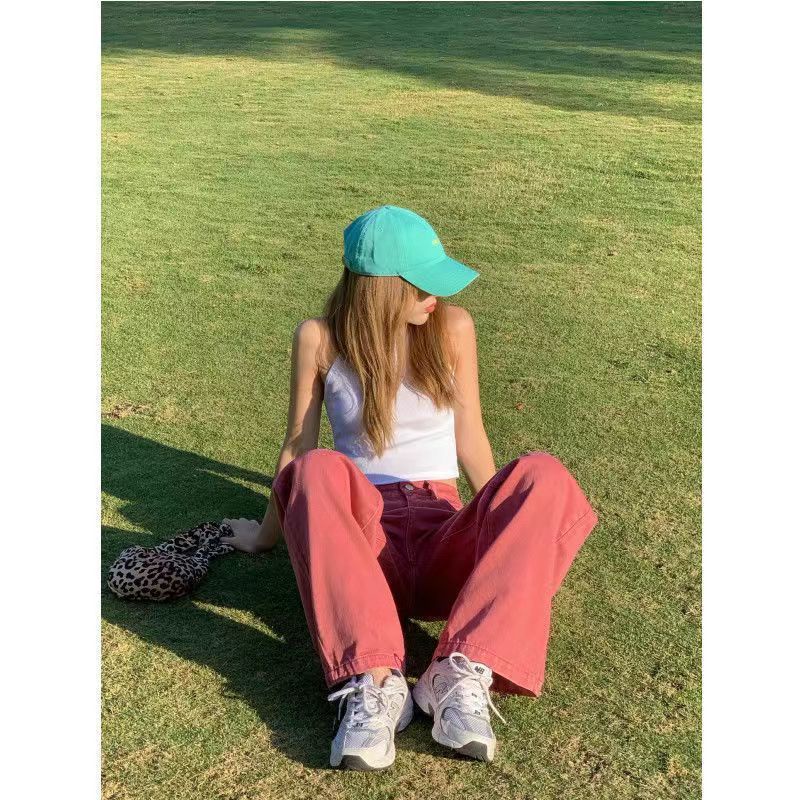 Jiashucheng Quần Jean Dài Ống Rộng Lưng Cao Cài Nút Màu Hồng Phong Cách Nhật Bản Thời Trang Mùa Hè Mới Cho Nữ