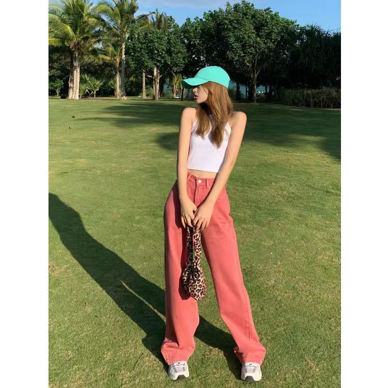 Jiashucheng Quần Jean Dài Ống Rộng Lưng Cao Cài Nút Màu Hồng Phong Cách Nhật Bản Thời Trang Mùa Hè Mới Cho Nữ