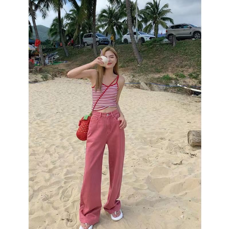 Jiashucheng Quần Jean Dài Ống Rộng Lưng Cao Cài Nút Màu Hồng Phong Cách Nhật Bản Thời Trang Mùa Hè Mới Cho Nữ