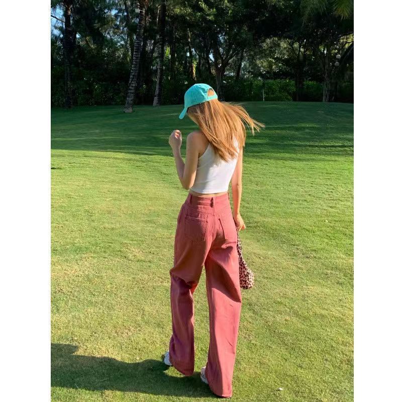 Jiashucheng Quần Jean Dài Ống Rộng Lưng Cao Cài Nút Màu Hồng Phong Cách Nhật Bản Thời Trang Mùa Hè Mới Cho Nữ