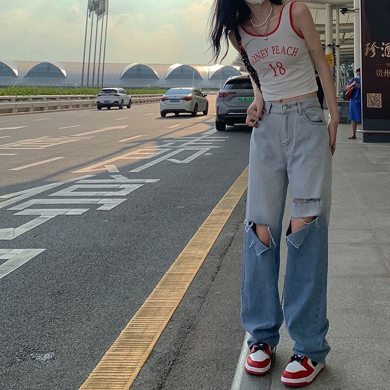 Jiashucheng Quần Denim Rách Dáng Rộng Màu Gradient Lưng Cao Dễ Phối Đồ Mùa Hè Kiểu Mới Cho Nữ