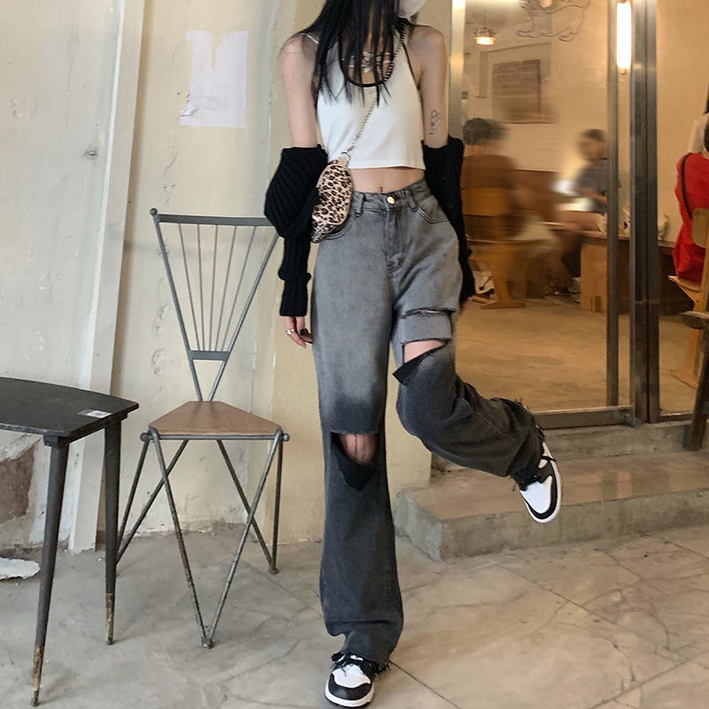Jiashucheng Quần Denim Rách Dáng Rộng Màu Gradient Lưng Cao Dễ Phối Đồ Mùa Hè Kiểu Mới Cho Nữ