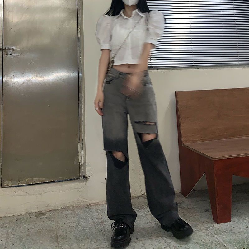 Jiashucheng Quần Denim Rách Dáng Rộng Màu Gradient Lưng Cao Dễ Phối Đồ Mùa Hè Kiểu Mới Cho Nữ