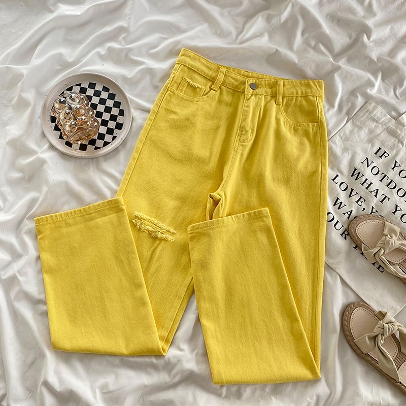 Jiashucheng Quần Jean Dài Dáng Rộng Rách Lỗ Màu Vàng Cổ Điển Thời Trang Xuân Thu Mới Cho Nữ