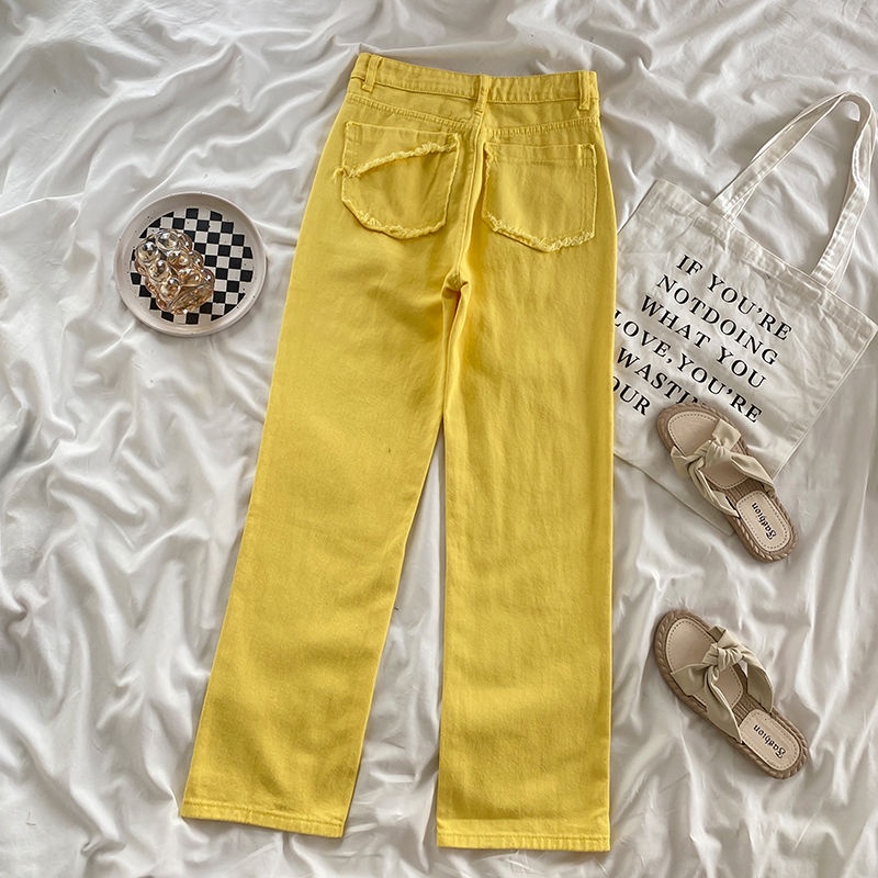 Jiashucheng Quần Jean Dài Dáng Rộng Rách Lỗ Màu Vàng Cổ Điển Thời Trang Xuân Thu Mới Cho Nữ