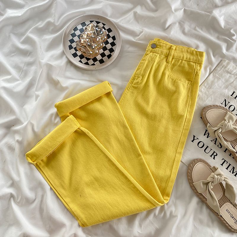 Jiashucheng Quần Jean Dài Dáng Rộng Rách Lỗ Màu Vàng Cổ Điển Thời Trang Xuân Thu Mới Cho Nữ