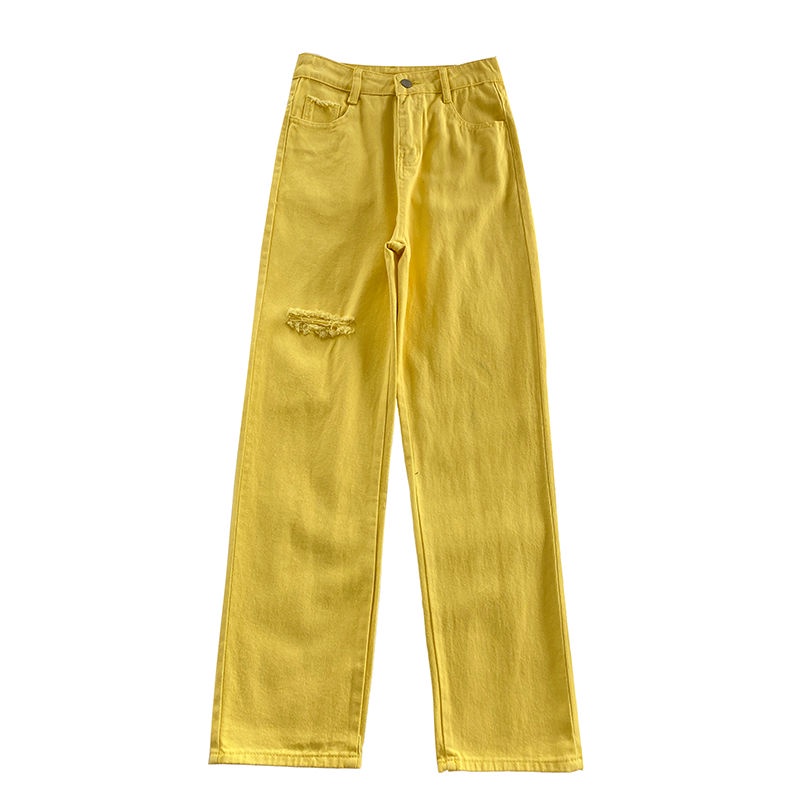 Jiashucheng Quần Jean Dài Dáng Rộng Rách Lỗ Màu Vàng Cổ Điển Thời Trang Xuân Thu Mới Cho Nữ