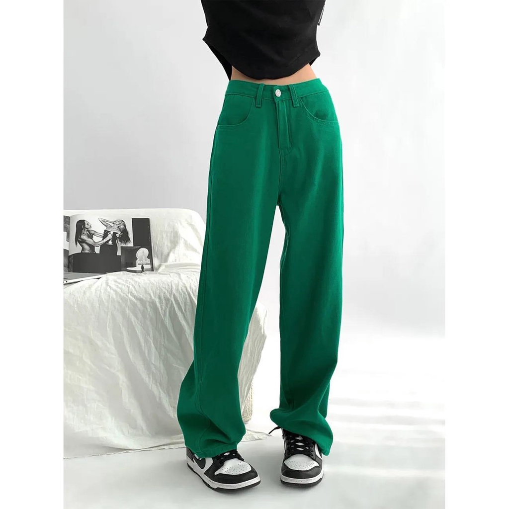 Jiashucheng Quần Jean Ống Rộng Lưng Cao Màu Xanh Lá Thời Trang Mùa Hè Mới Cho Nữ