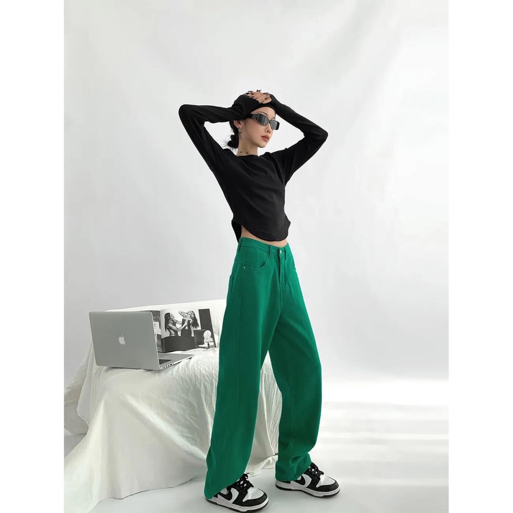 Jiashucheng Quần Jean Ống Rộng Lưng Cao Màu Xanh Lá Thời Trang Mùa Hè Mới Cho Nữ