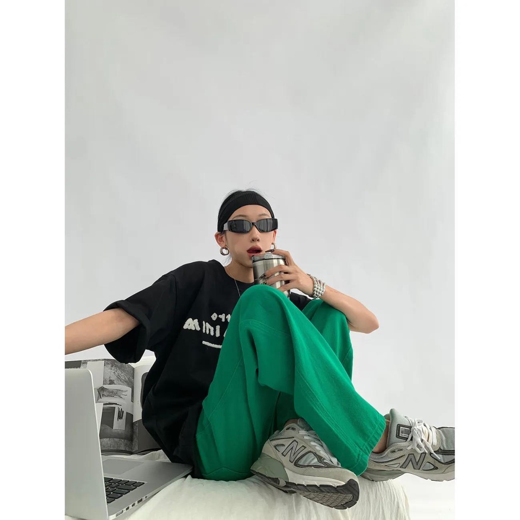 Jiashucheng Quần Jean Ống Rộng Lưng Cao Màu Xanh Lá Thời Trang Mùa Hè Mới Cho Nữ