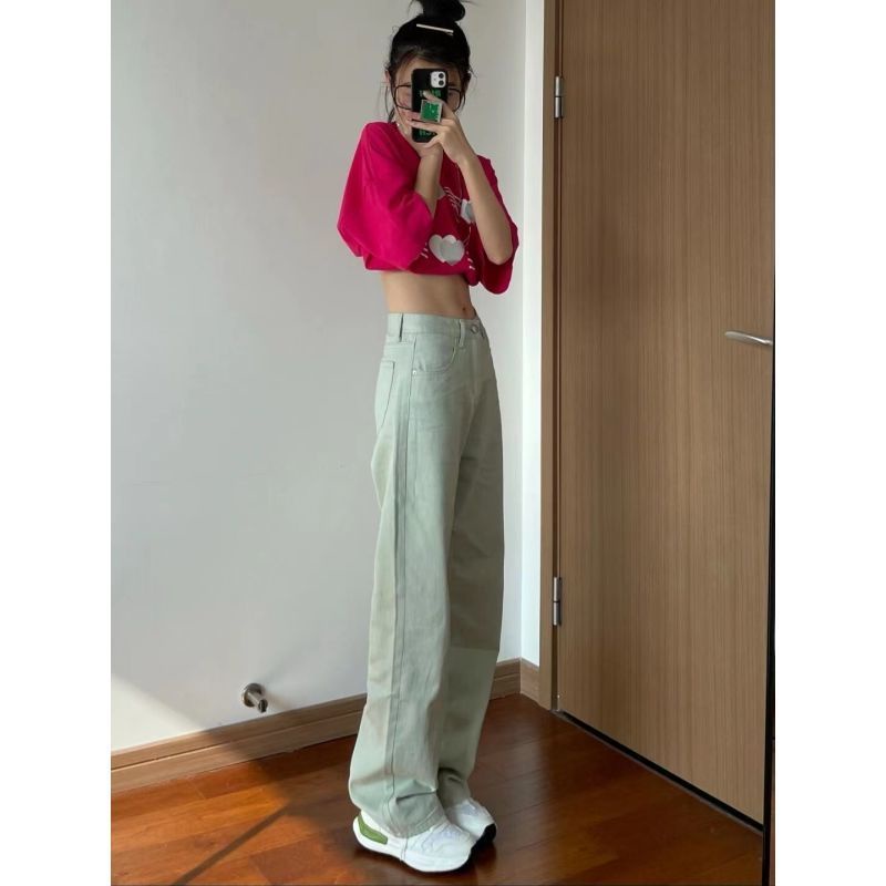 Jiashucheng Quần Jean Nữ Lưng Cao Ống Rộng Màu Xanh Bạc Hà Phong Cách Đường Phố Mùa Hè Mới
